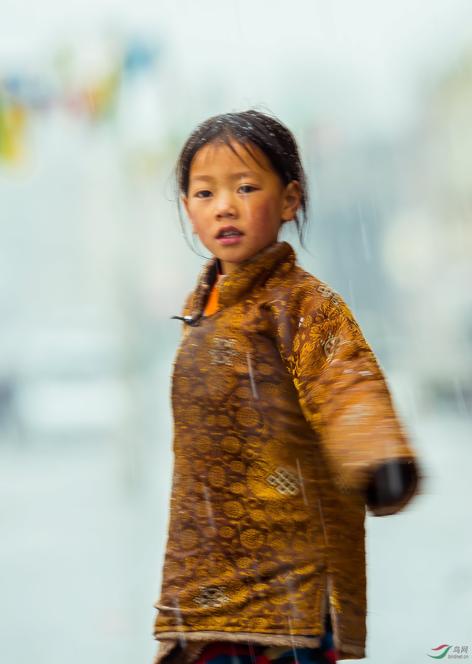 玉树玛尼石堆大雪拍摄藏族小女孩转经玩雪一组