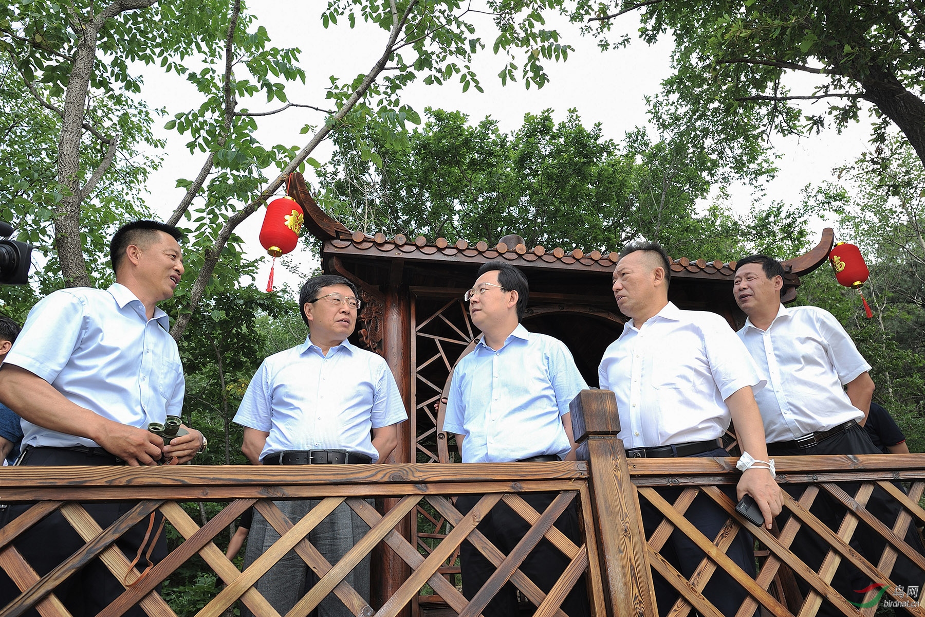 金广山在苍鹭岛观鸟台爱鸟亭前向调研人员描绘苍鹭岛未来发展规划