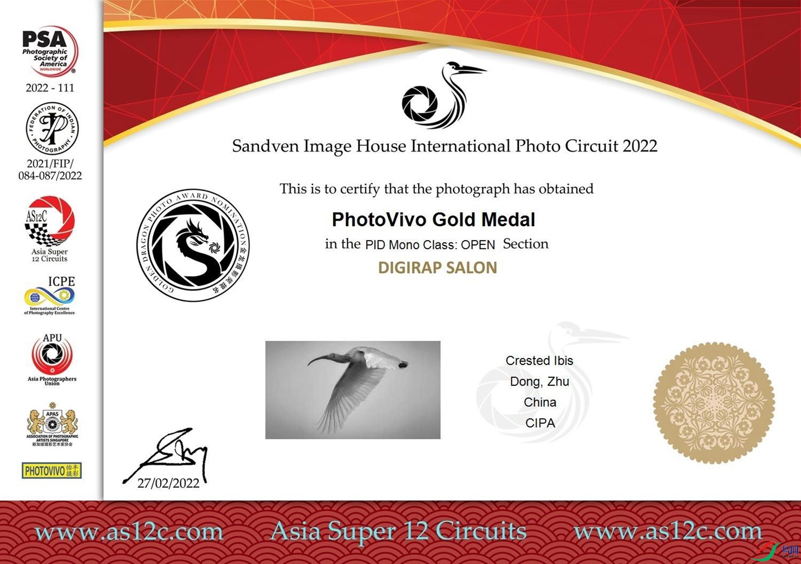 2.作品《Crested Ibis》获得2022新加坡昇丰影室国际摄影沙龙巡回赛PhotoVivo Gold Medal金牌奖.jpg